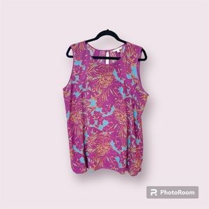 #243 - CAbi Palm Grass Purple Top - Women‘s Purple/Blue Palm Floral Top